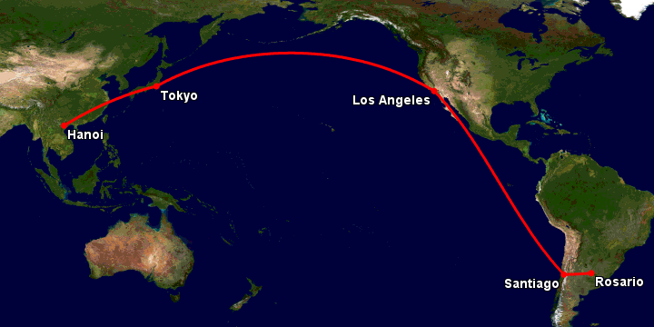 Bay từ Hà Nội đến Rosario qua Tokyo, Los Angeles, Santiago