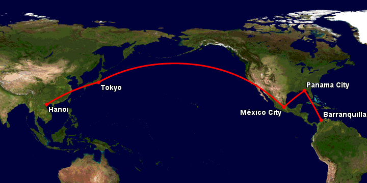 Bay từ Hà Nội đến Barranquilla qua Tokyo, Mexico City, Panama City