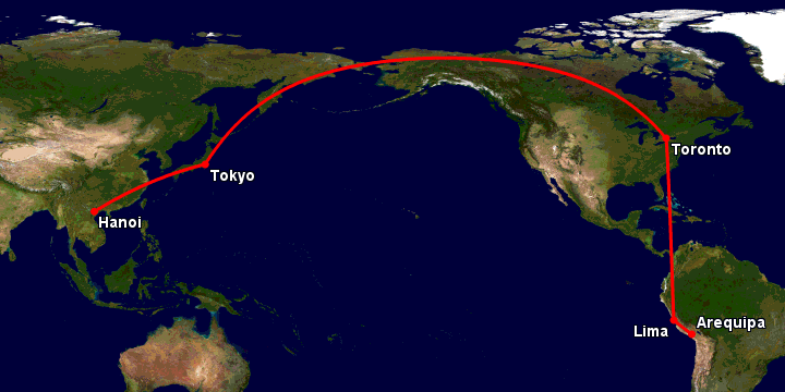 Bay từ Hà Nội đến Arequipa qua Tokyo, Toronto, Lima