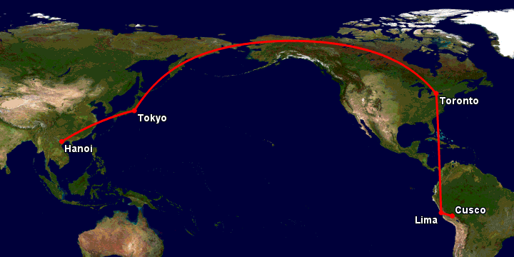 Bay từ Hà Nội đến Cuzco qua Tokyo, Toronto, Lima