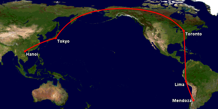 Bay từ Hà Nội đến Mendoza qua Tokyo, Toronto, Lima