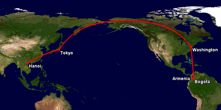 Bay từ Hà Nội đến Armenia qua Tokyo, Washington DC, Bogotá