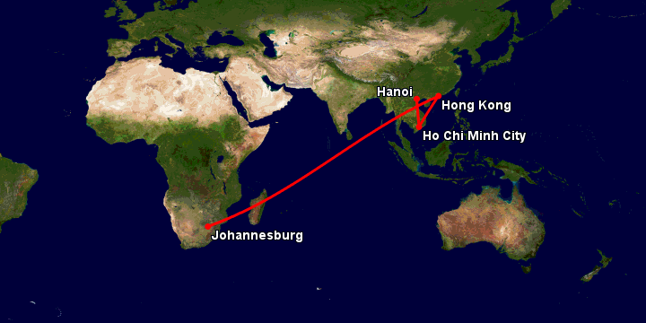 Bay từ Hà Nội đến Johannesburg qua Tp.HCM, Hong Kong