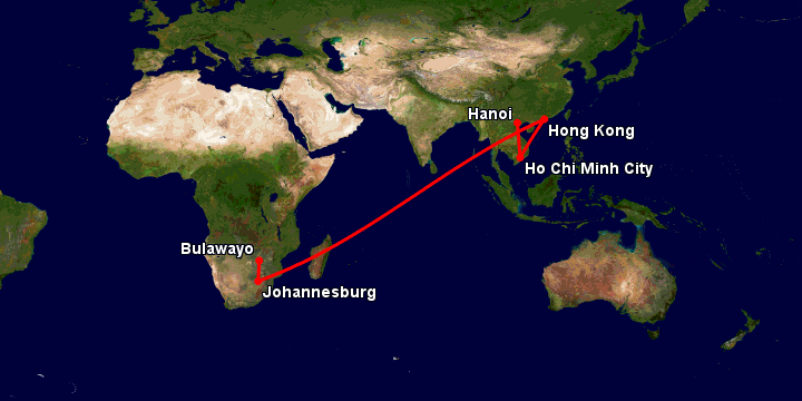 Bay từ Hà Nội đến Bulawayo qua Tp.HCM, Hong Kong, Johannesburg