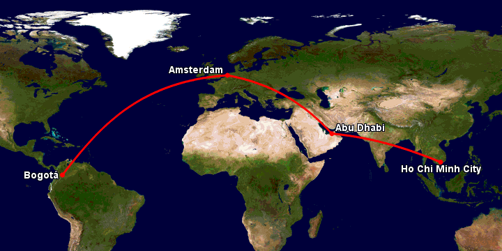 Bay từ Sài Gòn đến Bogota qua Abu Dhabi, Amsterdam