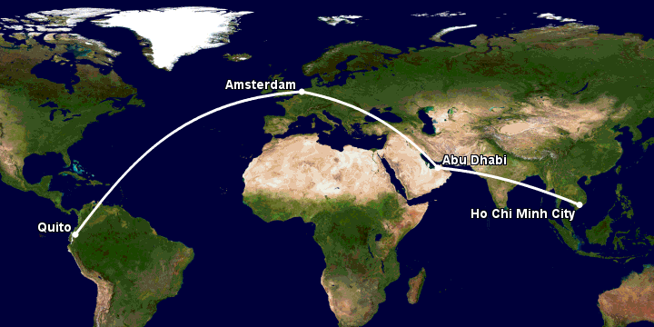 Bay từ Sài Gòn đến Quito qua Abu Dhabi, Amsterdam