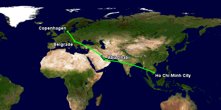 Bay từ Sài Gòn đến Copenhagen qua Abu Dhabi, Belgrade
