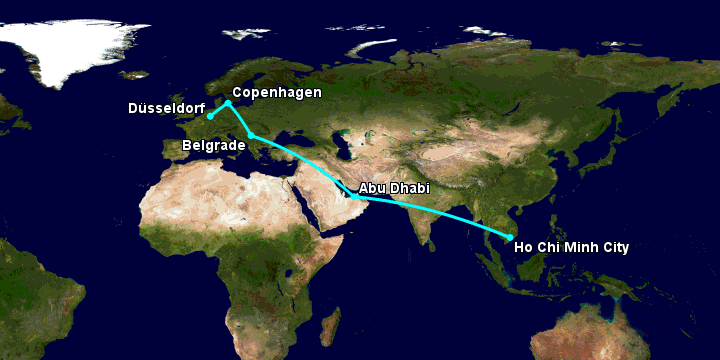 Bay từ Sài Gòn đến Dusseldorf qua Abu Dhabi, Belgrade, Copenhagen