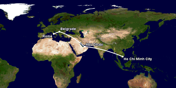Bay từ Sài Gòn đến Rome qua Abu Dhabi, Belgrade