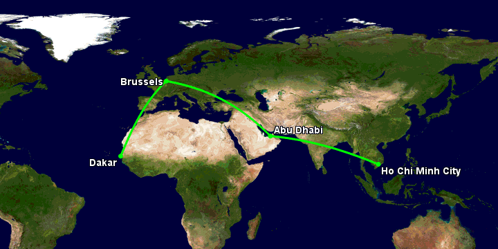 Bay từ Sài Gòn đến Dakar qua Abu Dhabi, Brussels