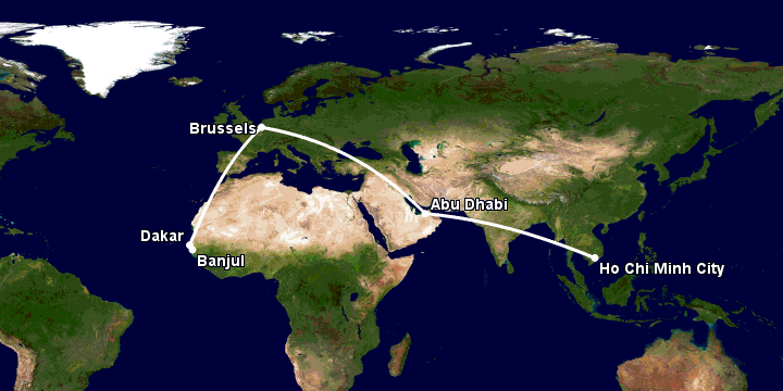 Bay từ Sài Gòn đến Banjul qua Abu Dhabi, Brussels, Dakar