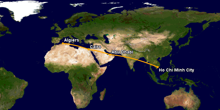 Bay từ Sài Gòn đến Algiers qua Abu Dhabi, Cairo