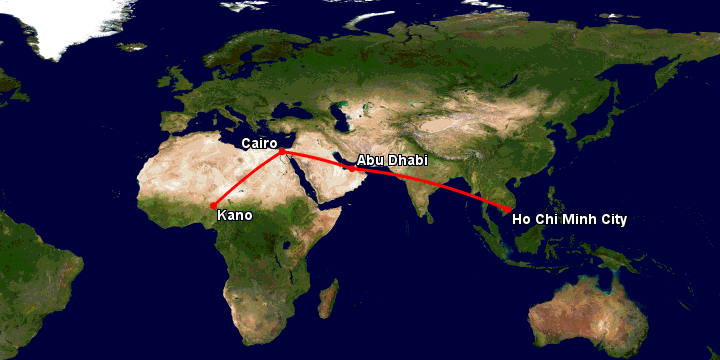 Bay từ Sài Gòn đến Kano qua Abu Dhabi, Cairo