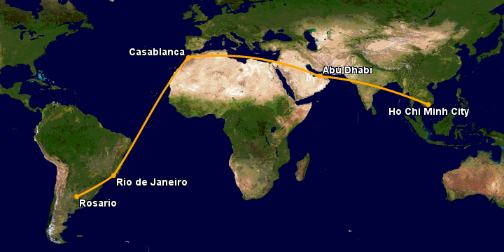 Bay từ Sài Gòn đến Rosario qua Abu Dhabi, Casablanca, Rio de Janeiro