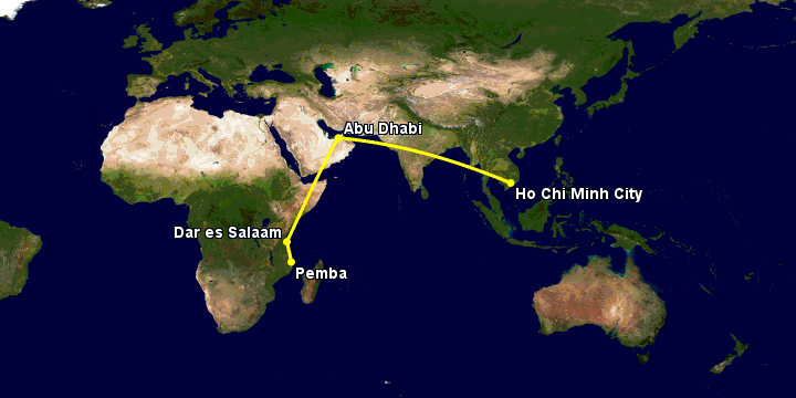 Bay từ Sài Gòn đến Pemba qua Abu Dhabi, Dar es Salaam
