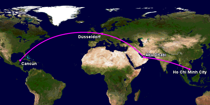 Bay từ Sài Gòn đến Cancun qua Abu Dhabi, Düsseldorf