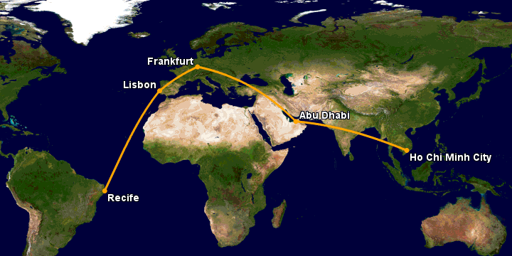 Bay từ Sài Gòn đến Recife qua Abu Dhabi, Frankfurt, Lisbon
