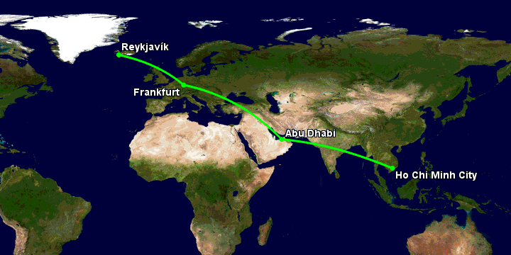 Bay từ Sài Gòn đến Reykjavik qua Abu Dhabi, Frankfurt