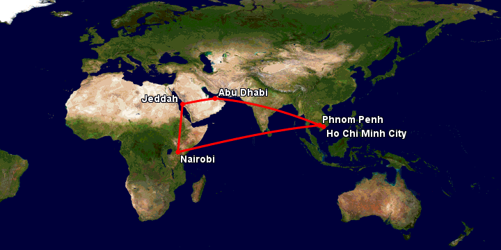 Bay từ Sài Gòn đến Phnom Penh qua Abu Dhabi, Jeddah, Nairobi