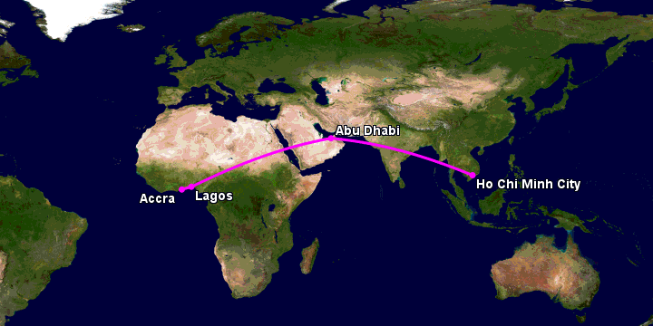 Bay từ Sài Gòn đến Accra qua Abu Dhabi, Lagos