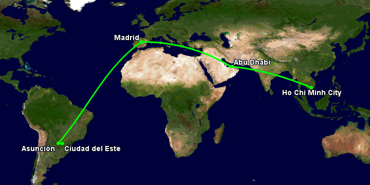 Bay từ Sài Gòn đến Ciudad Del Este qua Abu Dhabi, Madrid, Asunción