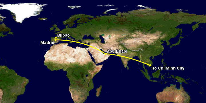 Bay từ Sài Gòn đến Bilbao qua Abu Dhabi, Madrid
