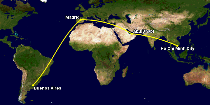 Bay từ Sài Gòn đến Buenos Aires qua Abu Dhabi, Madrid
