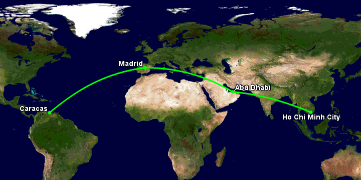 Bay từ Sài Gòn đến Caracas qua Abu Dhabi, Madrid