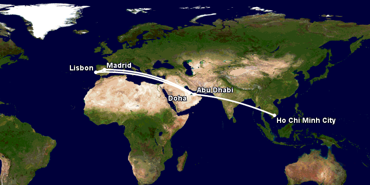 Bay từ Sài Gòn đến Doha qua Abu Dhabi, Madrid, Lisbon
