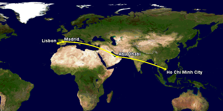 Bay từ Sài Gòn đến Lisbon qua Abu Dhabi, Madrid, Lisbon