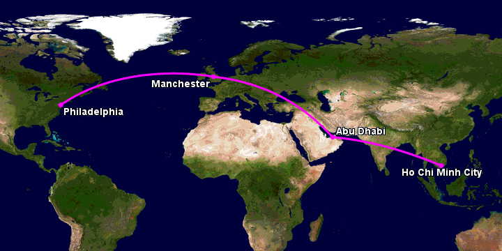 Bay từ Sài Gòn đến Philadelphia qua Abu Dhabi, Manchester