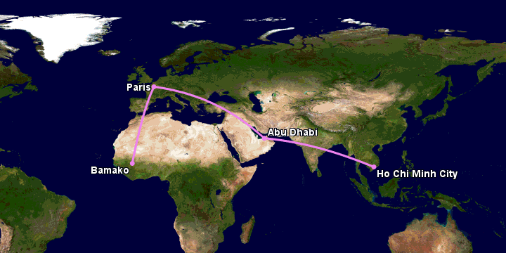 Bay từ Sài Gòn đến Bamako qua Abu Dhabi, Paris