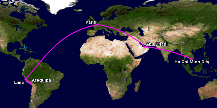 Bay từ Sài Gòn đến Arequipa qua Abu Dhabi, Paris, Lima