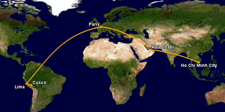 Bay từ Sài Gòn đến Cuzco qua Abu Dhabi, Paris, Lima