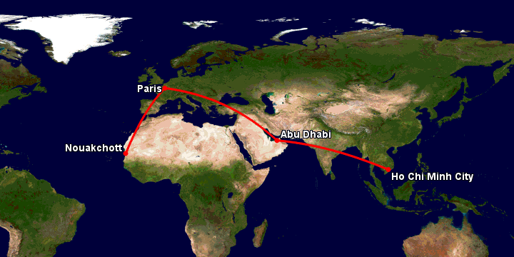 Bay từ Sài Gòn đến Nouakchott qua Abu Dhabi, Paris