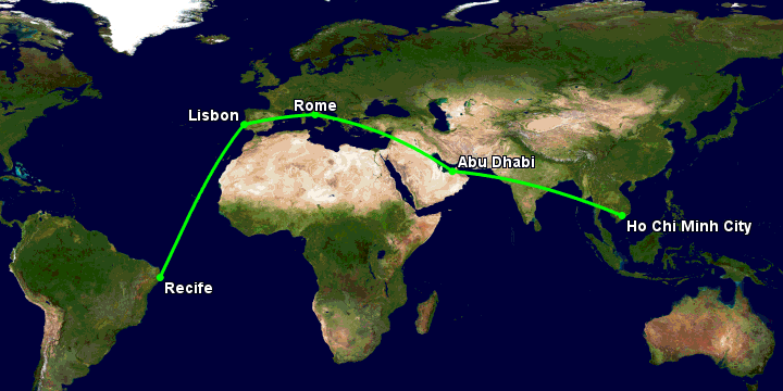 Bay từ Sài Gòn đến Recife qua Abu Dhabi, Rome, Lisbon