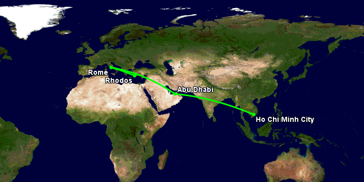 Bay từ Sài Gòn đến Rhodes qua Abu Dhabi, Rome
