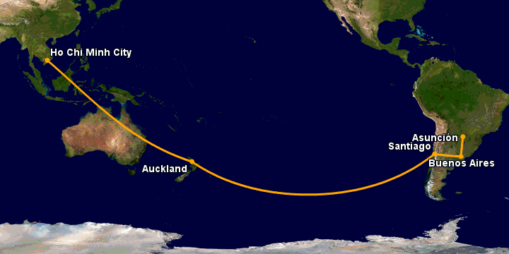 Bay từ Sài Gòn đến Asuncion qua Auckland, Santiago, Buenos Aires