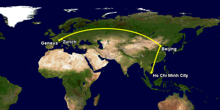 Bay từ Sài Gòn đến Geneva qua Bắc Kinh, Geneva, Zürich