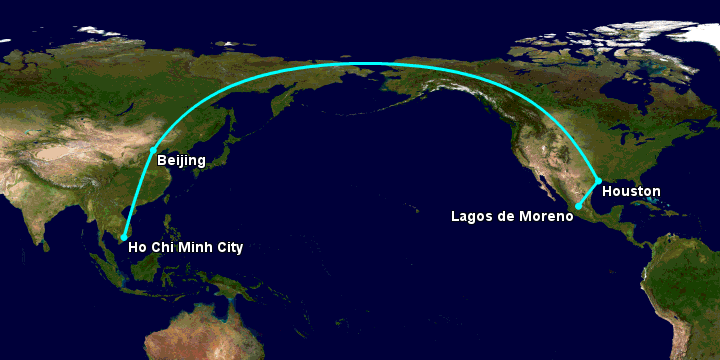 Bay từ Sài Gòn đến Lagos De Moreno qua Bắc Kinh, Houston