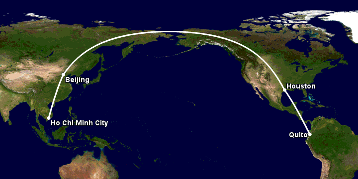Bay từ Sài Gòn đến Quito qua Bắc Kinh, Houston