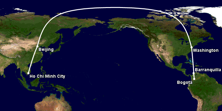 Bay từ Sài Gòn đến Barranquilla qua Bắc Kinh, Washington DC, Bogotá