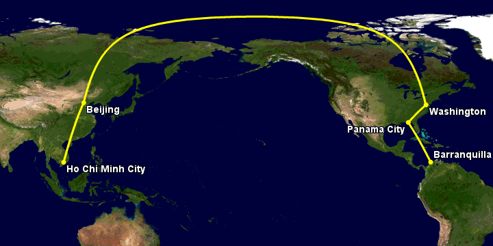 Bay từ Sài Gòn đến Barranquilla qua Bắc Kinh, Washington DC, Panama City