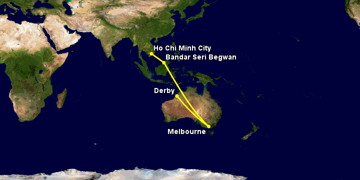 Bay từ Sài Gòn đến Derby qua Bandar Seri Begawan, Melbourne