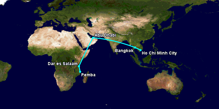 Bay từ Sài Gòn đến Pemba qua Bangkok, Abu Dhabi, Dar es Salaam