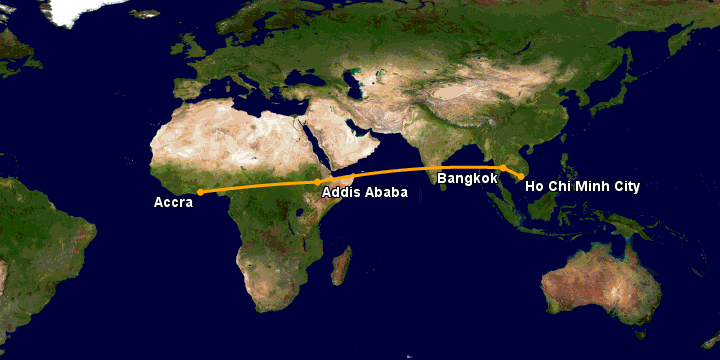 Bay từ Sài Gòn đến Accra qua Bangkok, Addis Ababa