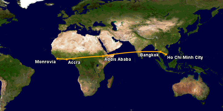 Bay từ Sài Gòn đến Monrovia Rob qua Bangkok, Addis Ababa, Accra