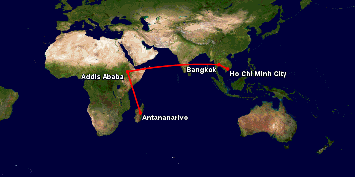 Bay từ Sài Gòn đến Antananarivo qua Bangkok, Addis Ababa