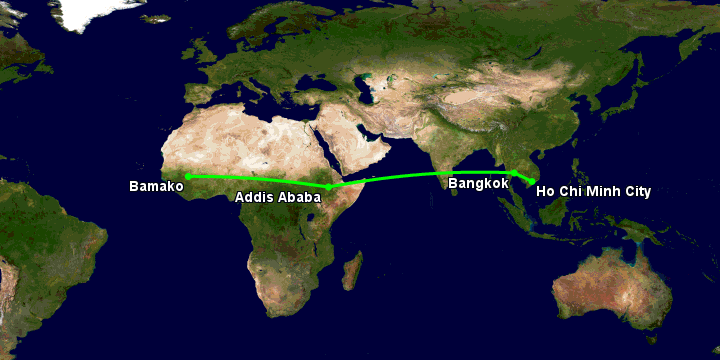 Bay từ Sài Gòn đến Bamako qua Bangkok, Addis Ababa