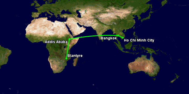 Bay từ Sài Gòn đến Blantyre qua Bangkok, Addis Ababa